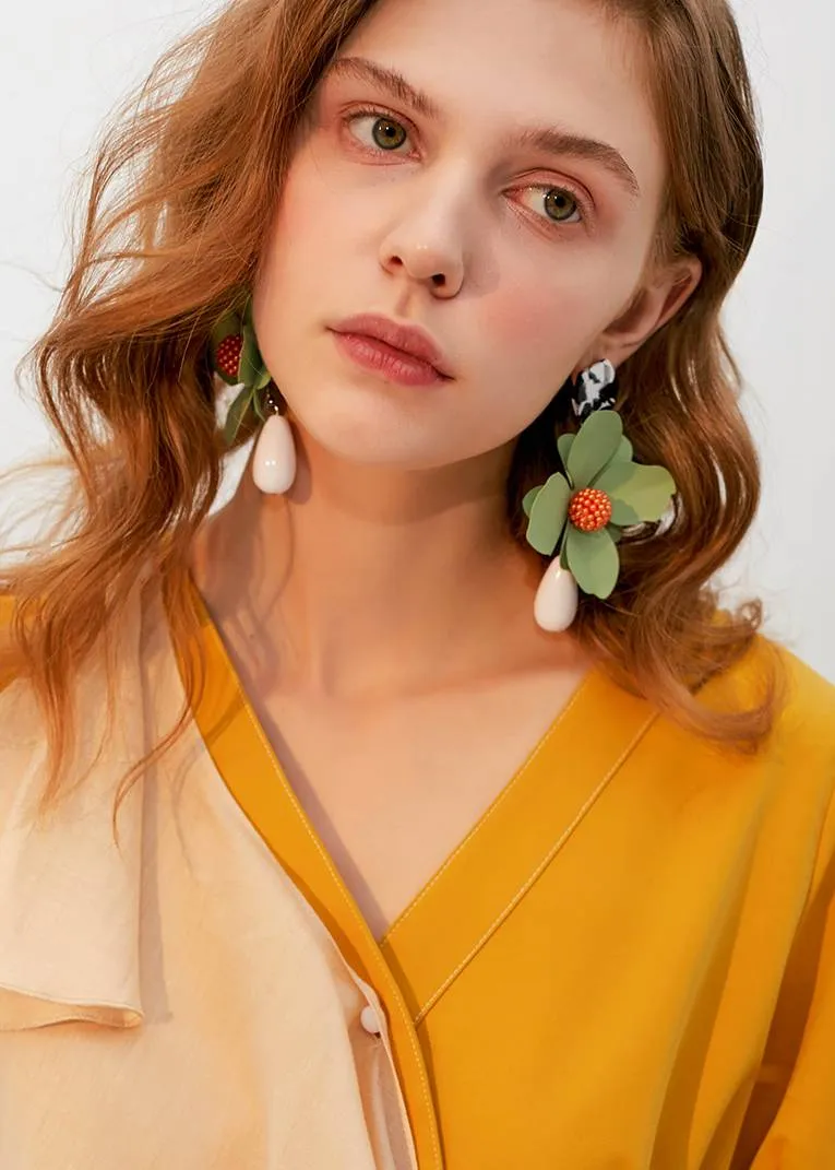 Green Flower Drop Statement Earrings