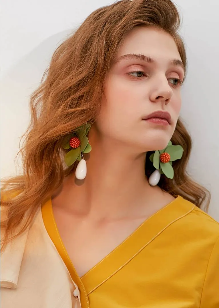 Green Flower Drop Statement Earrings