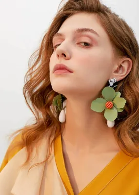 Green Flower Drop Statement Earrings