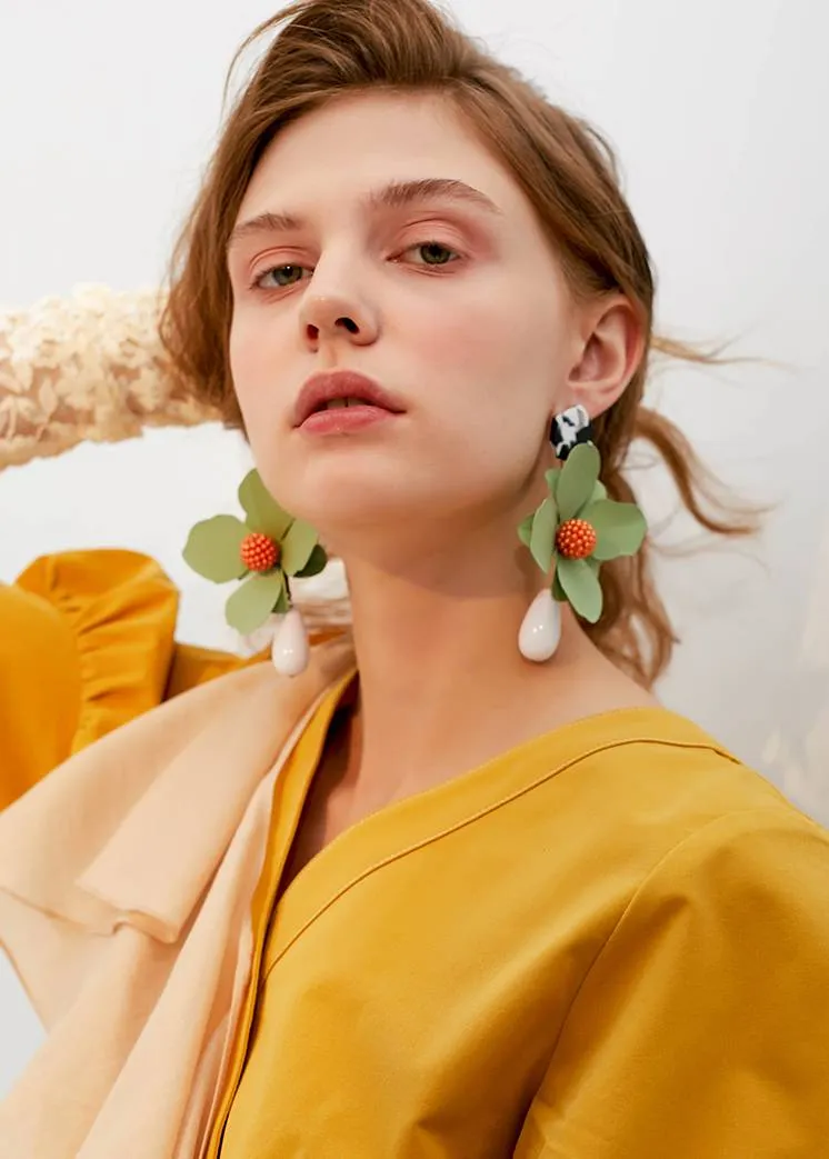 Green Flower Drop Statement Earrings