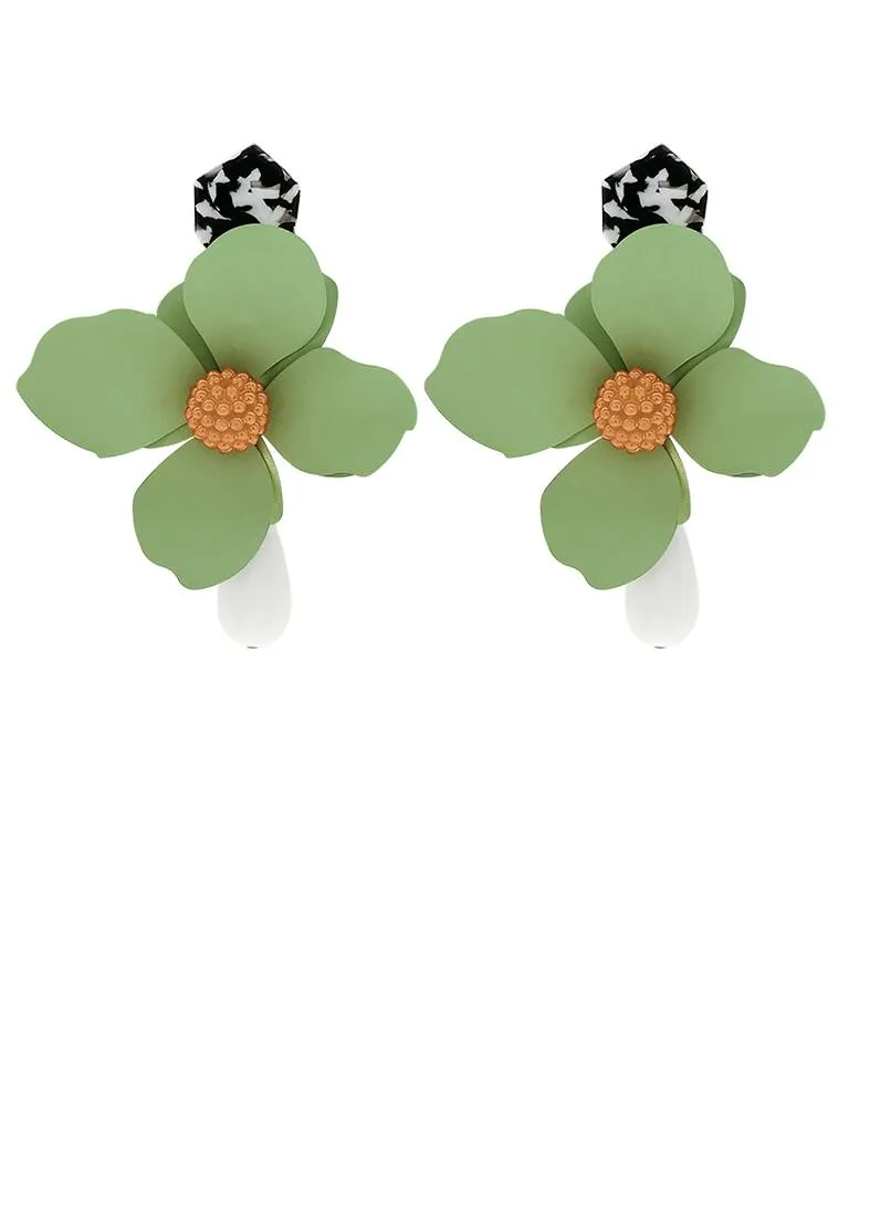 Green Flower Drop Statement Earrings