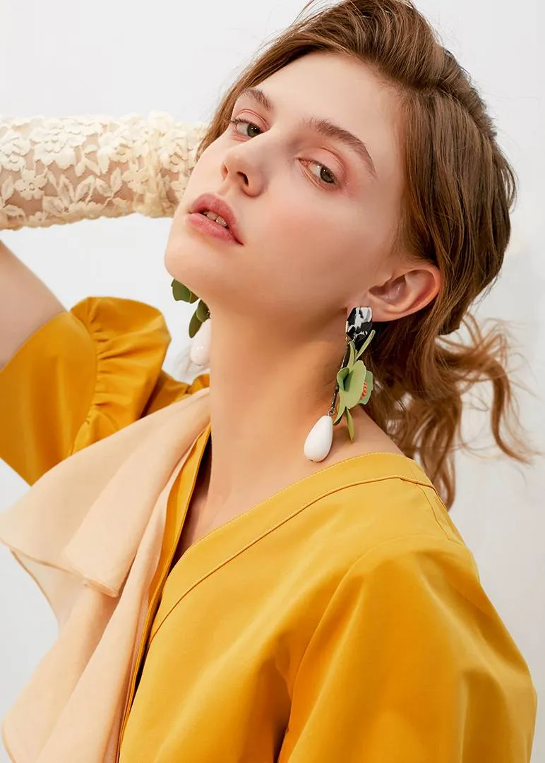 Green Flower Drop Statement Earrings