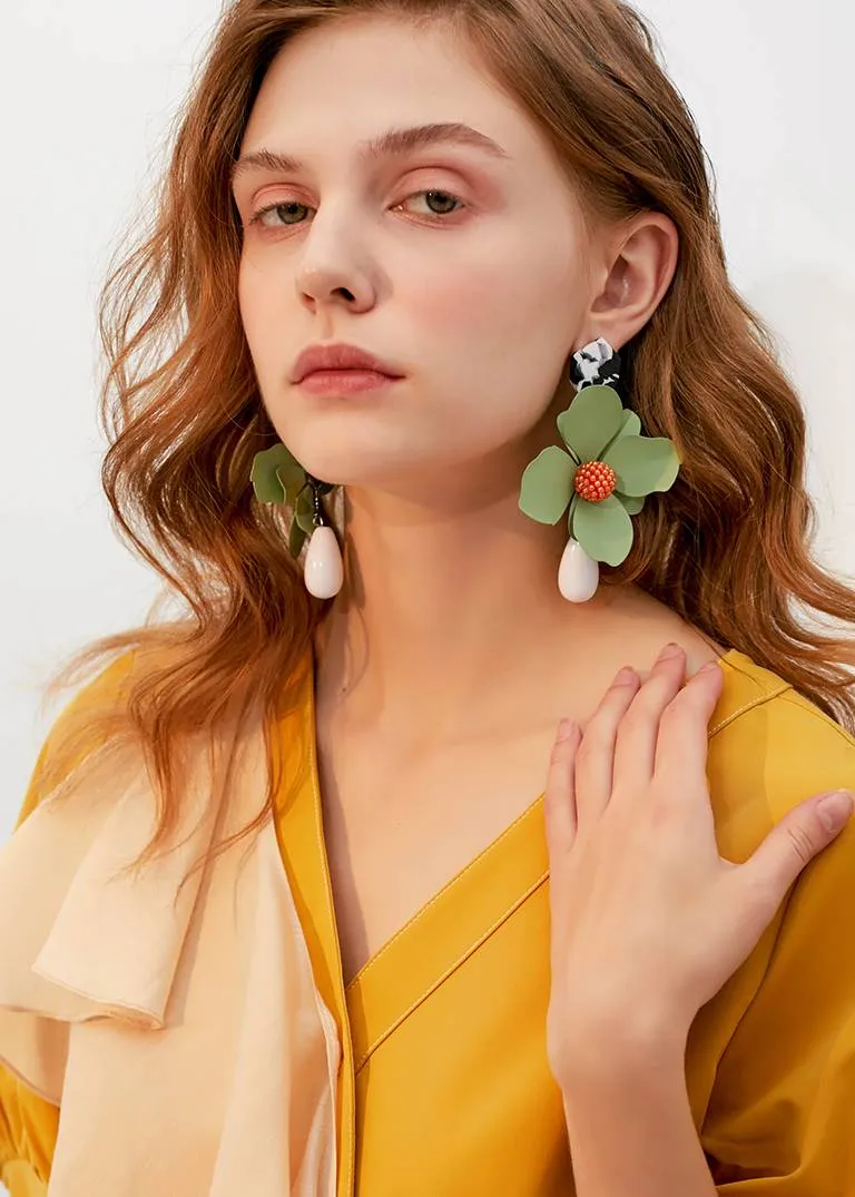 Green Flower Drop Statement Earrings