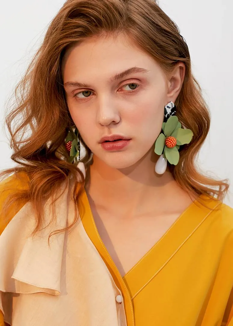 Green Flower Drop Statement Earrings