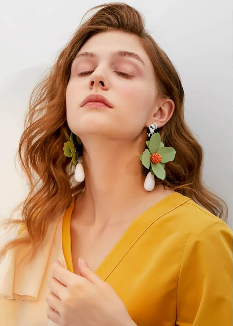 Green Flower Drop Statement Earrings