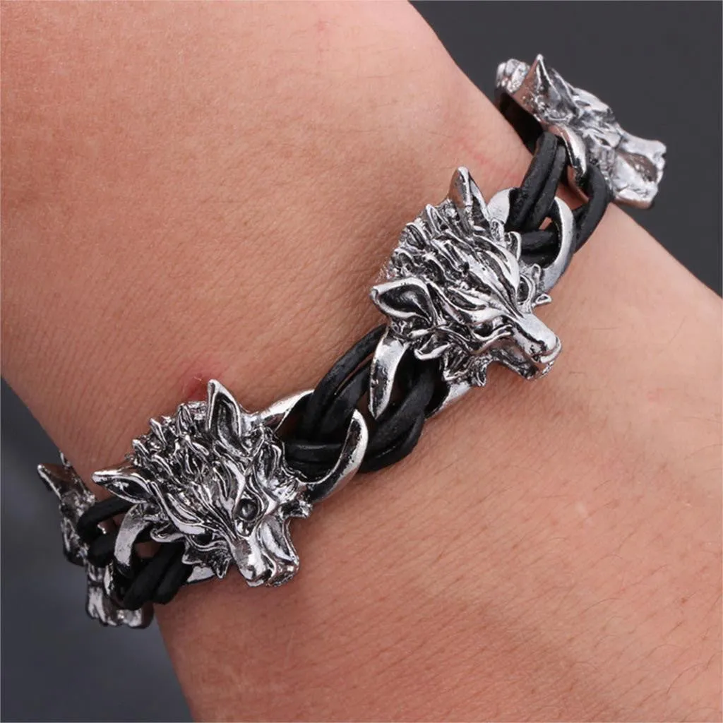 High Quality Men Bracelet Stainless Steel & Wolf PU Cuff Leather Bracelets Bangles Men Jewelry Accessories For Best Friends