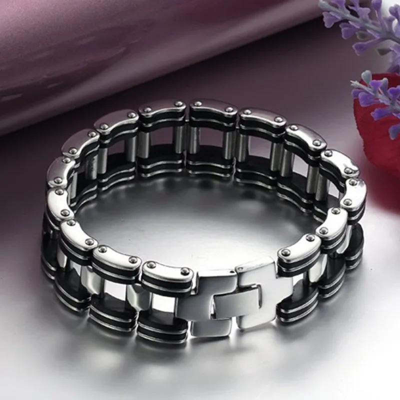 Hot Men Silver Stainless Steel Bracelets Black Rubber Motorcycle Biker Chain Link Bracelet