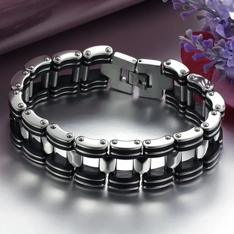 Hot Men Silver Stainless Steel Bracelets Black Rubber Motorcycle Biker Chain Link Bracelet