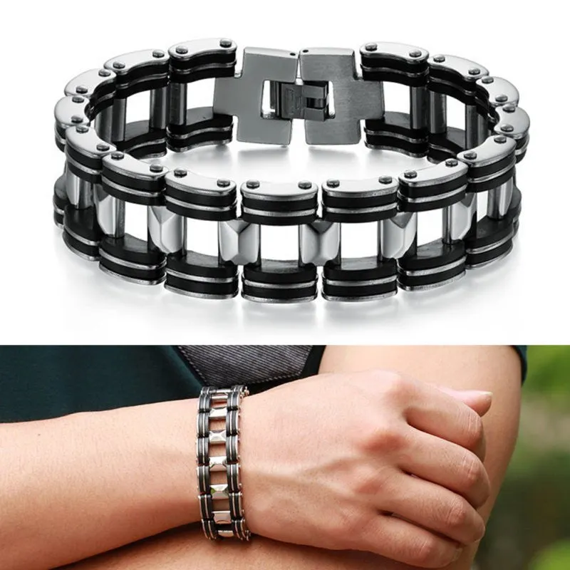 Hot Men Silver Stainless Steel Bracelets Black Rubber Motorcycle Biker Chain Link Bracelet