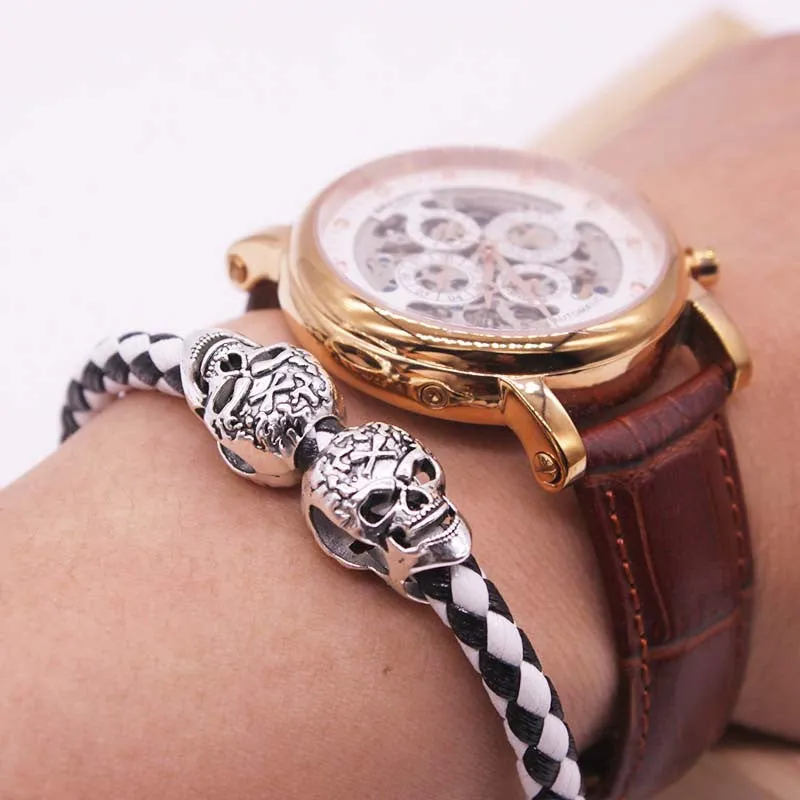 Hot Selling Fashion Braided Leather Bracelets Gold Plated Skull Bracelet Men Punk Wrap Bracelet Women Jewelry