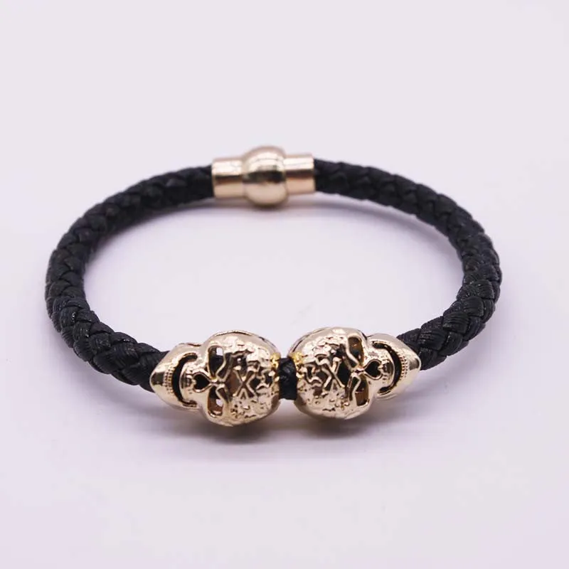 Hot Selling Fashion Braided Leather Bracelets Gold Plated Skull Bracelet Men Punk Wrap Bracelet Women Jewelry