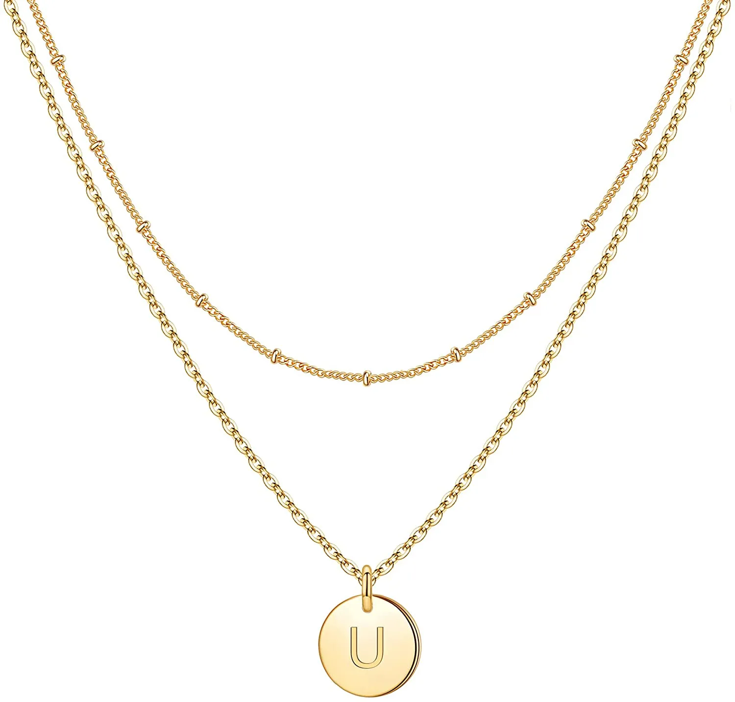 IEFWELL Gold Initial Necklaces for Women,14K Gold Filled Double Side Engraved Hammered Gold Coin Necklaces for Women Initial Necklace Layered Initial Necklaces for Women Teen Girl Jewelry