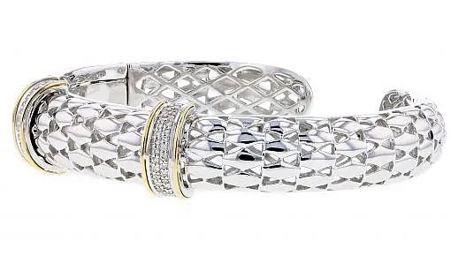 Italian sterling silver bangle bracelet with 0.33ct. diamonds, 14K solid yellow gold accents and a shiny finish