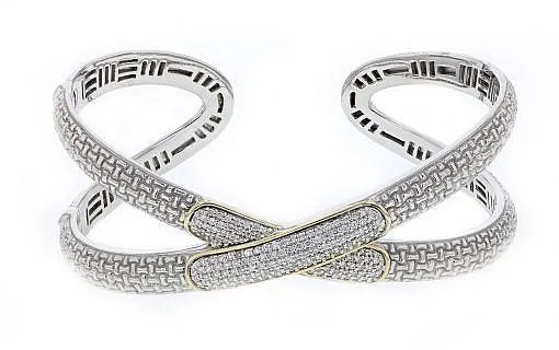 Italian Sterling Silver X Shaped Bangle Bracelet with 0.78ct diamonds and 14K solid yellow gold accents