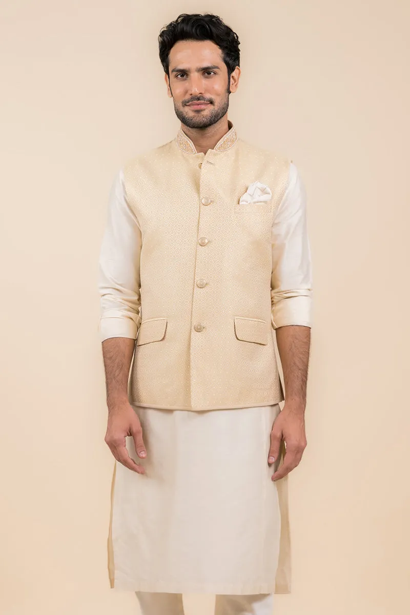 Ivory Floral Brocade Kurta Bundi Set