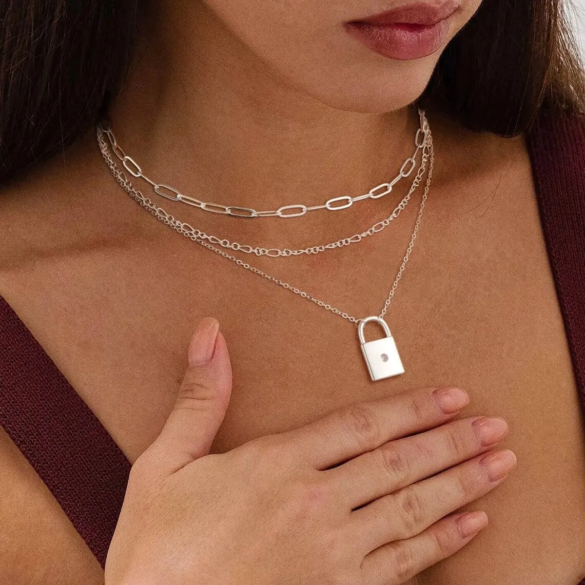 Kyerlyn Sliver Layered Lock Necklaces