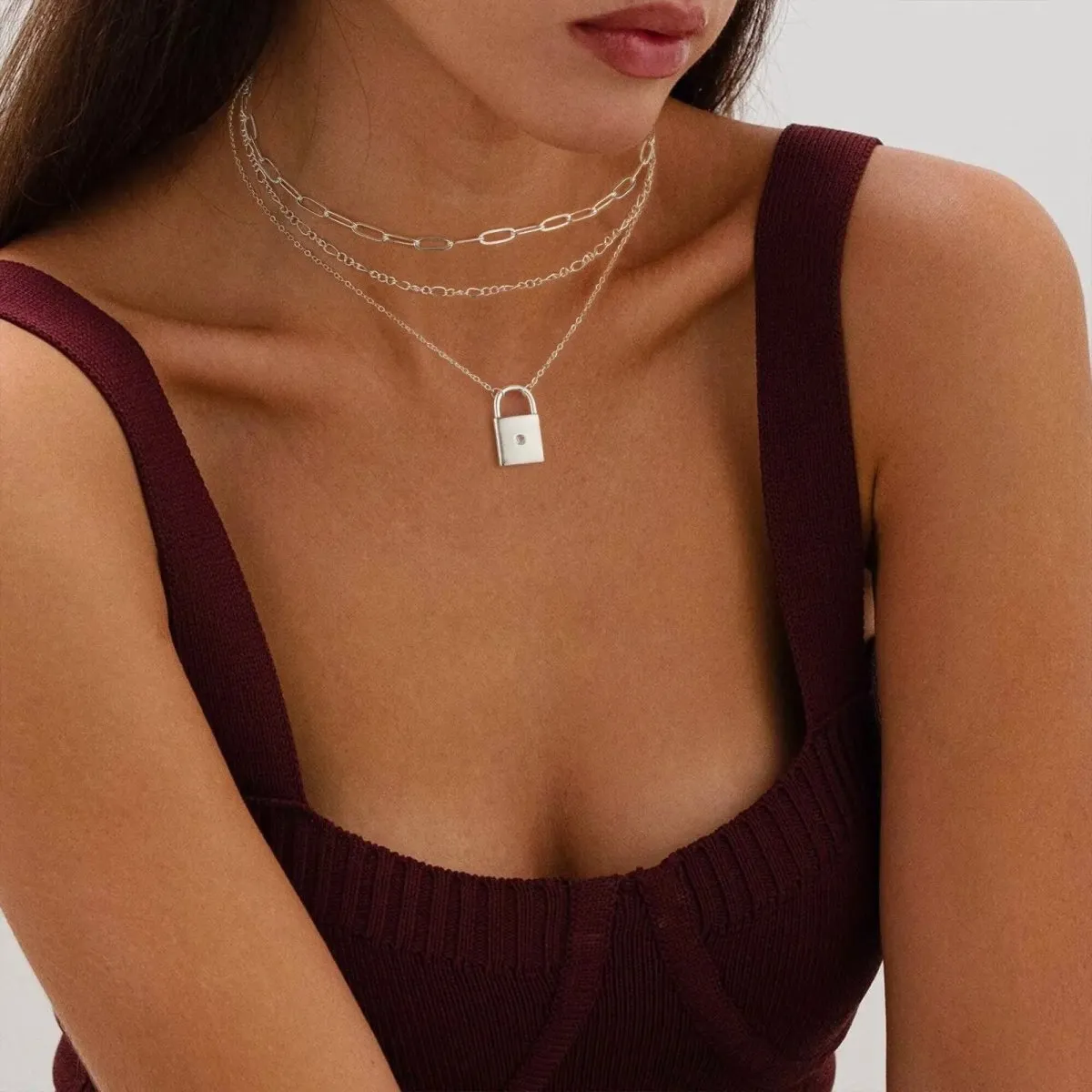 Kyerlyn Sliver Layered Lock Necklaces