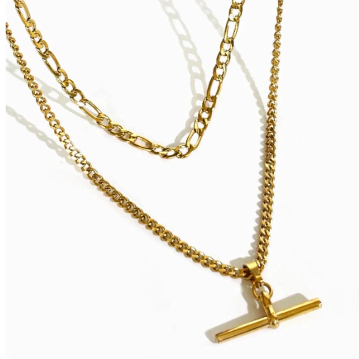 LAYERED DOUBLE FIGARO & CUBAN FOB CHAINS - 18K GOLD OR SILVER WATERPROOF