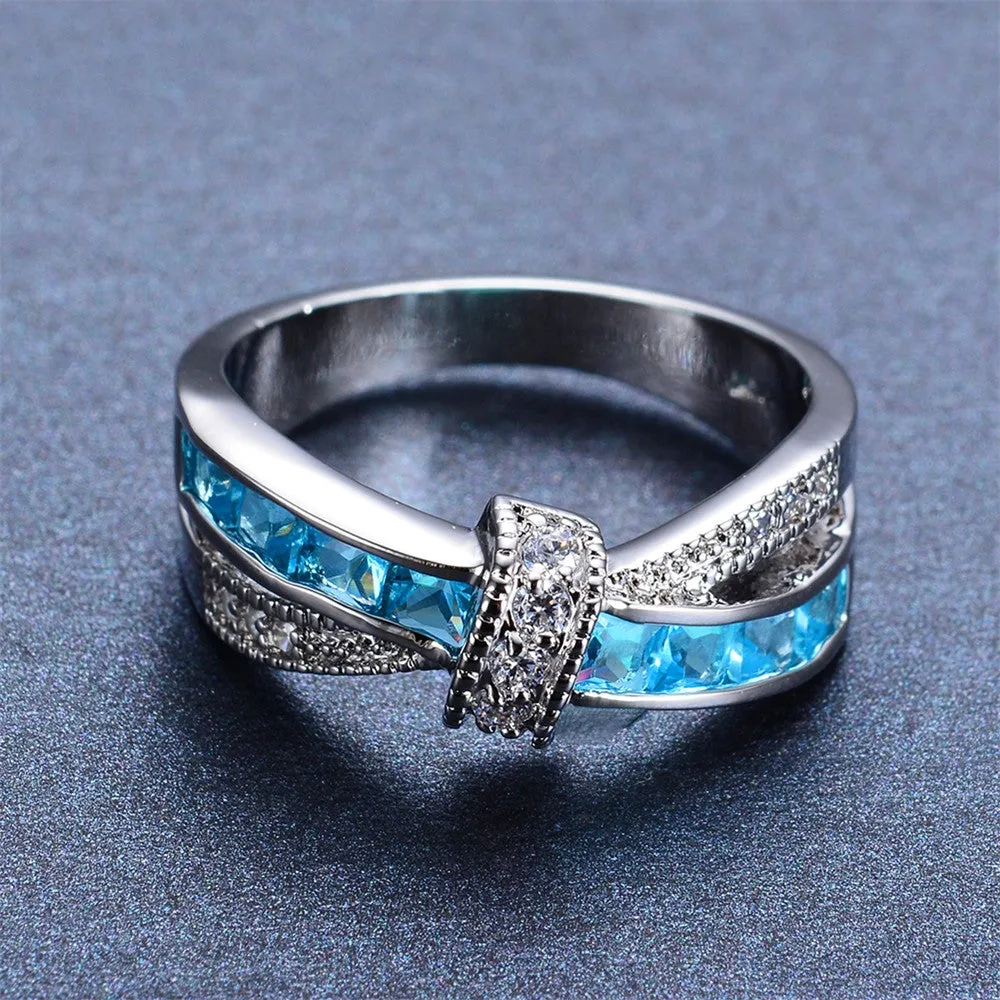 Light Blue Cross Ring Fashion White & Black Gold Filled Jewelry Vintage Wedding Rings For Women Birthday Stone Gifts