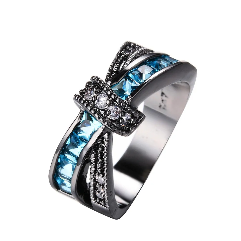 Light Blue Cross Ring Fashion White & Black Gold Filled Jewelry Vintage Wedding Rings For Women Birthday Stone Gifts