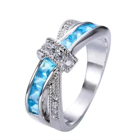 Light Blue Cross Ring Fashion White & Black Gold Filled Jewelry Vintage Wedding Rings For Women Birthday Stone Gifts