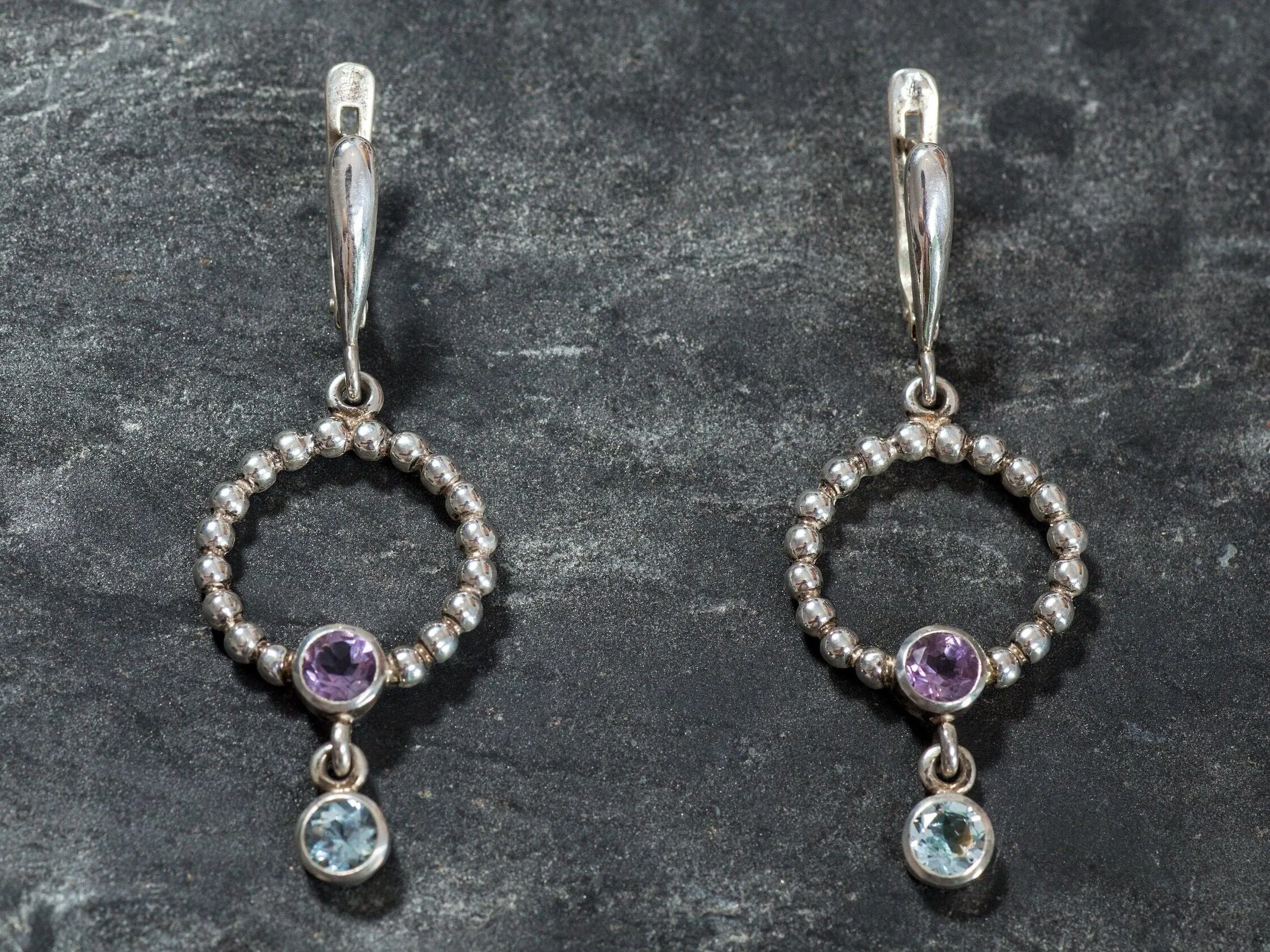 Long Dangling Earrings - Purple Amethyst Earrings - Blue Topaz Earrings