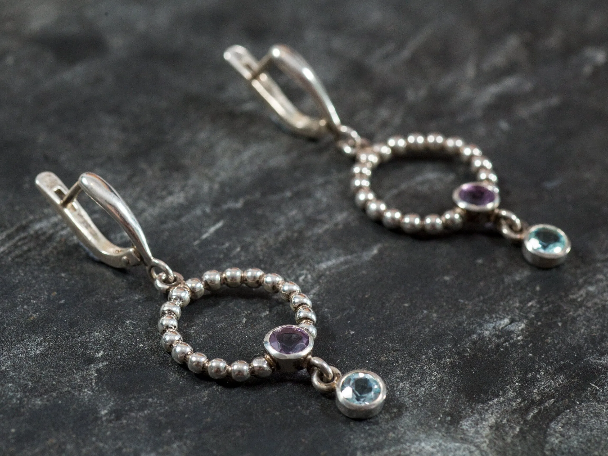 Long Dangling Earrings - Purple Amethyst Earrings - Blue Topaz Earrings