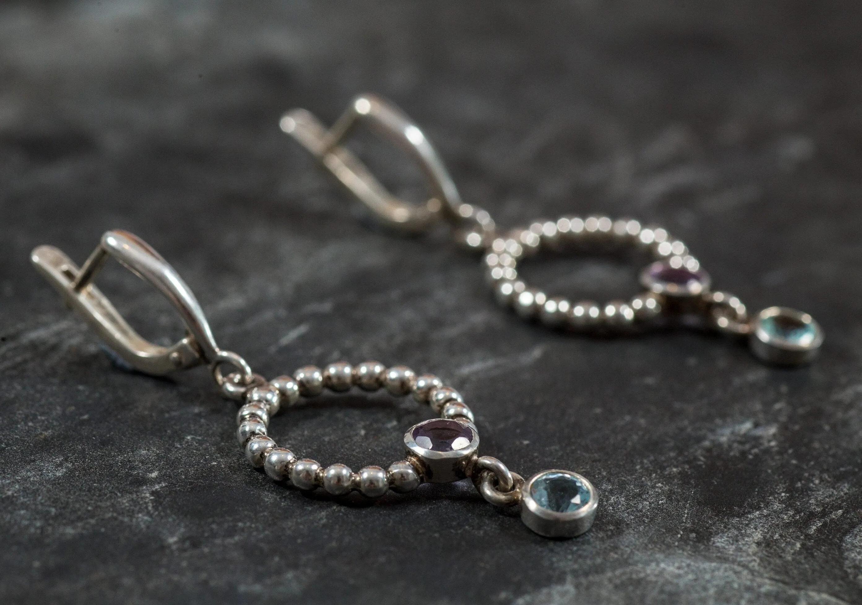 Long Dangling Earrings - Purple Amethyst Earrings - Blue Topaz Earrings