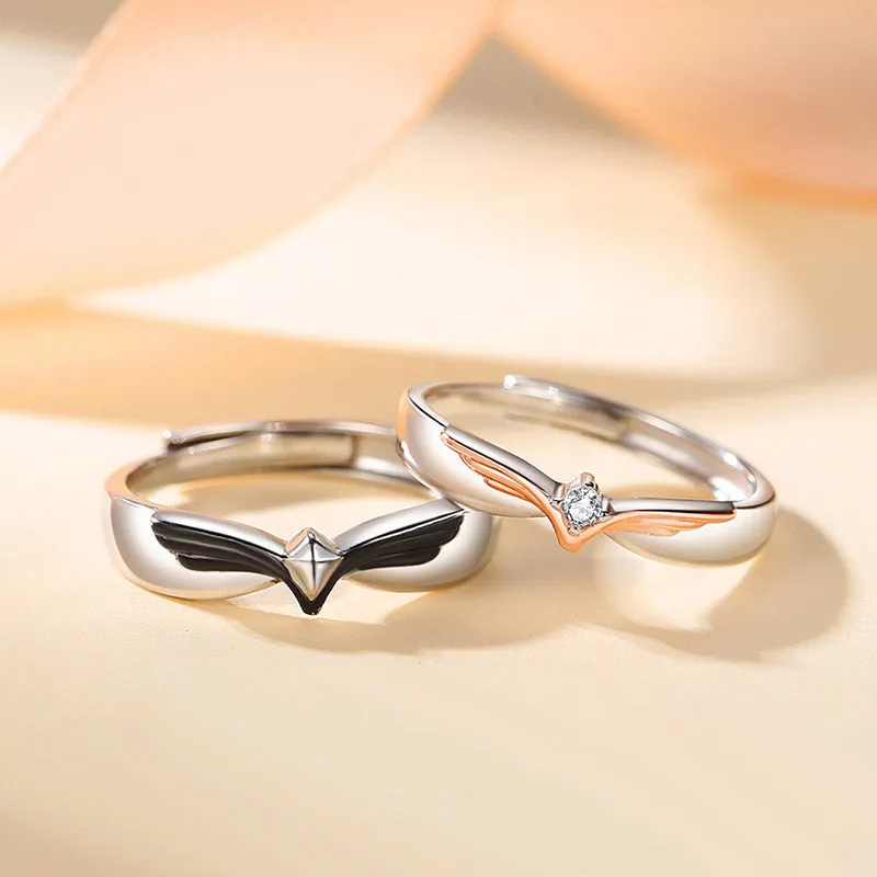 Matching Angel Wings Couple Wedding Rings Set