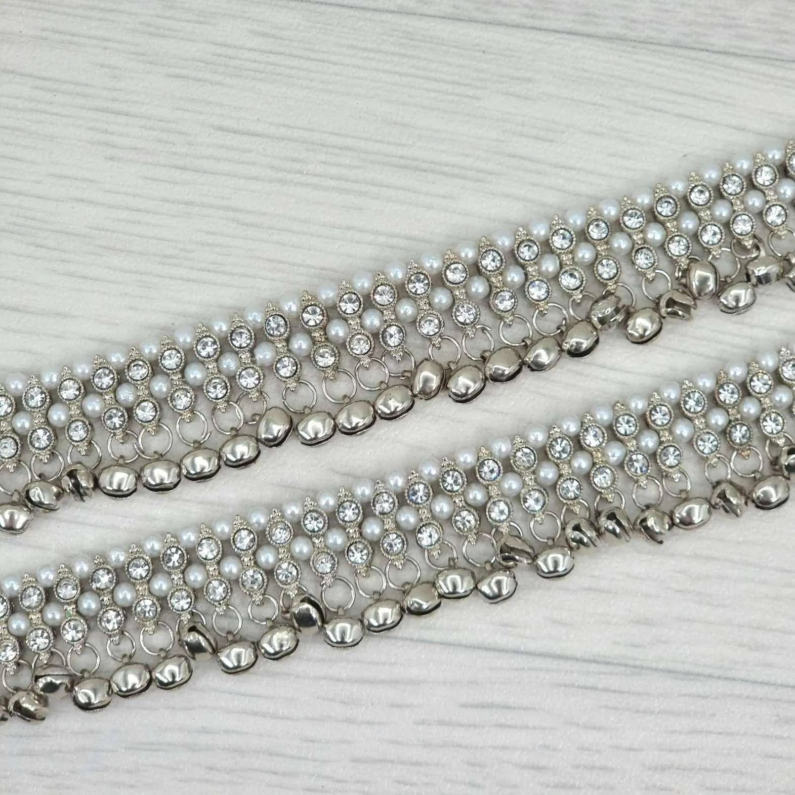 Meera - Silver Polki and Pearl Anklet with Bells