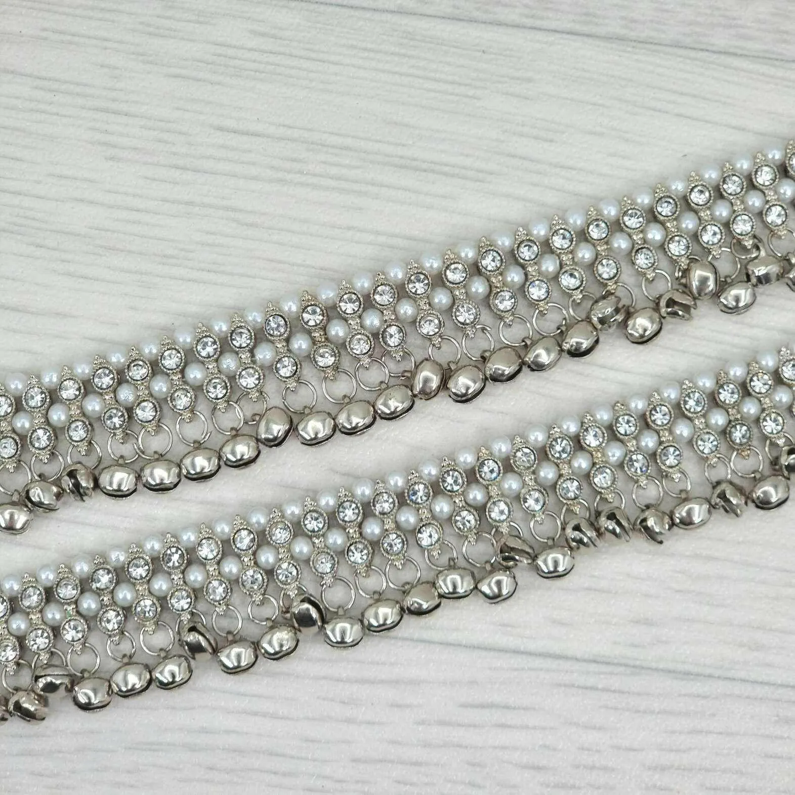 Meera - Silver Polki and Pearl Anklet with Bells