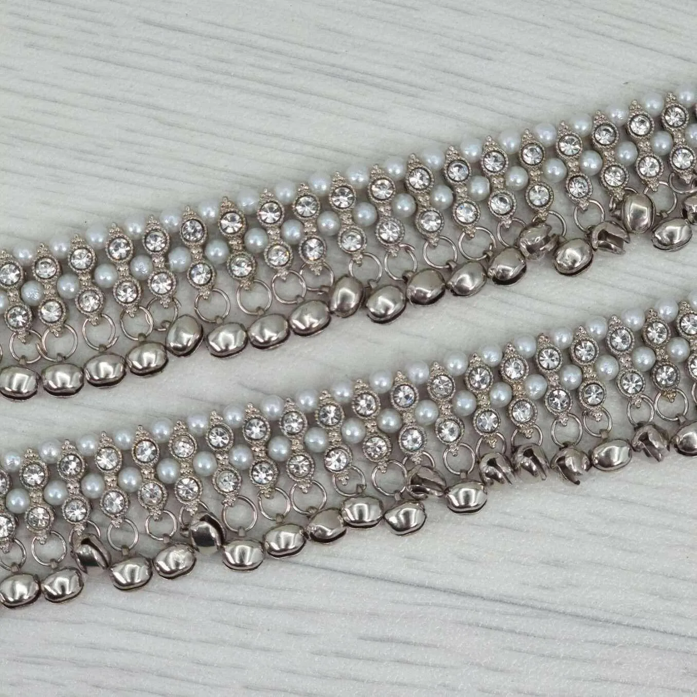 Meera - Silver Polki and Pearl Anklet with Bells