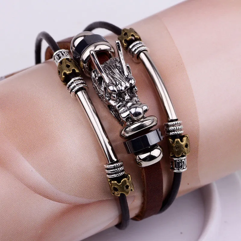 Men Accessoires homme Tibetan silver men leather bracelet fashion male vintage parataxis dragon Multilayer jewelry