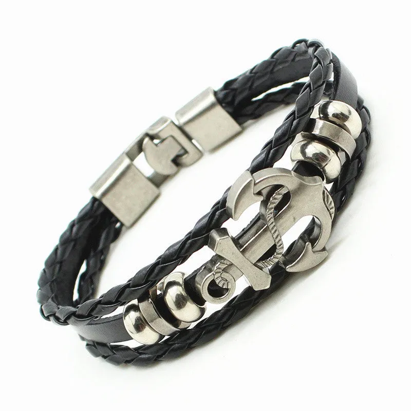 Men's Anchor Bracelet&Bangle Male Multilayer Accessories Homme Jewelry Black Color Leather Bracelets Valentine's Day Gift