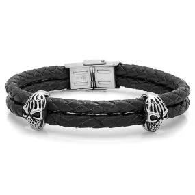 Men's Black Genuine Leather Bracelet With Stainless Steel Skulls and Clasp