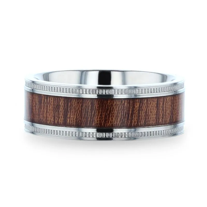 MOCHA | Silver Titanium Ring, Koa Wood Inlay, Flat