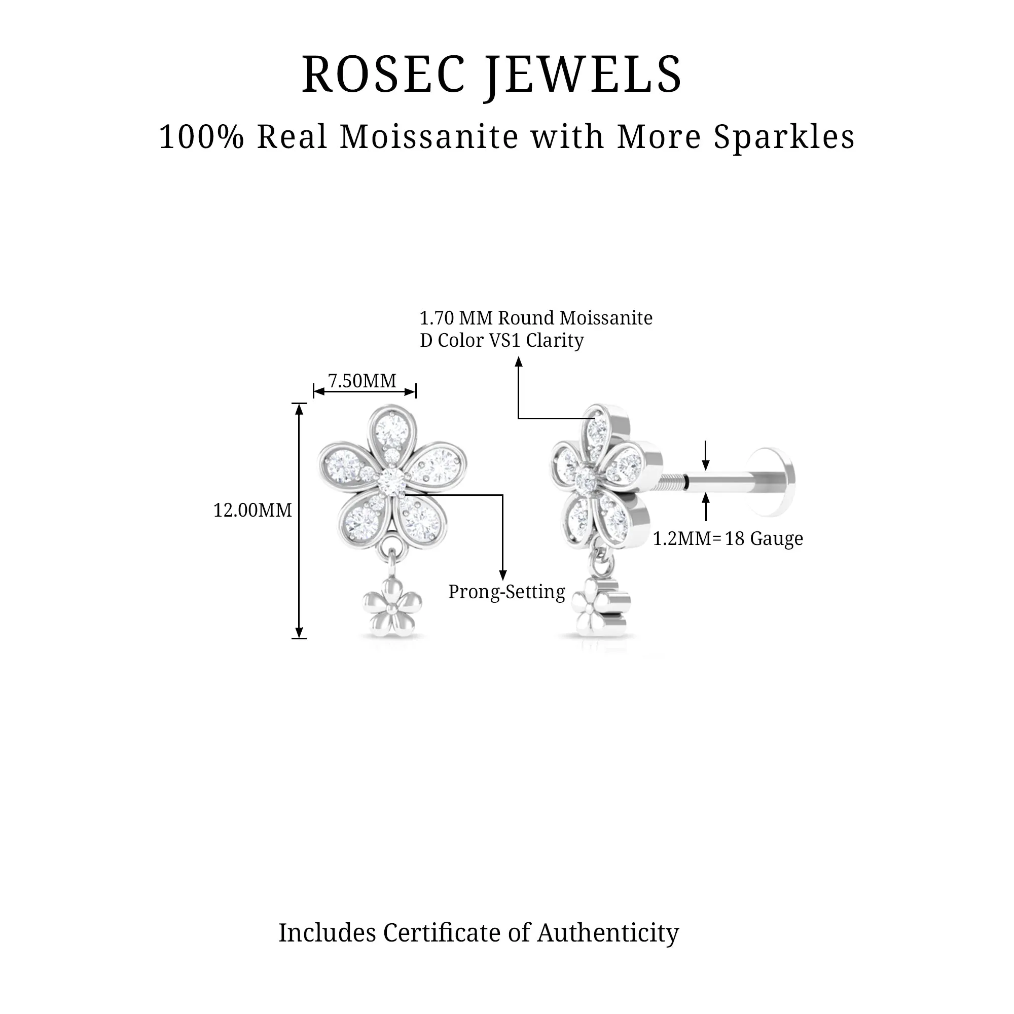 Moissanite Flower Drop Earring for Helix Piercing