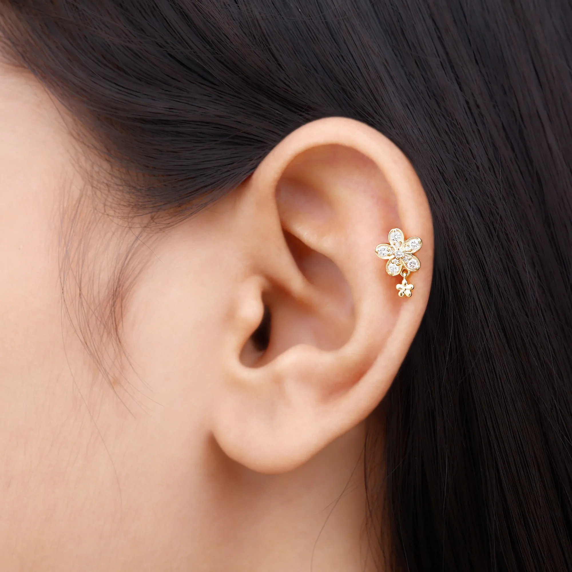 Moissanite Flower Drop Earring for Helix Piercing