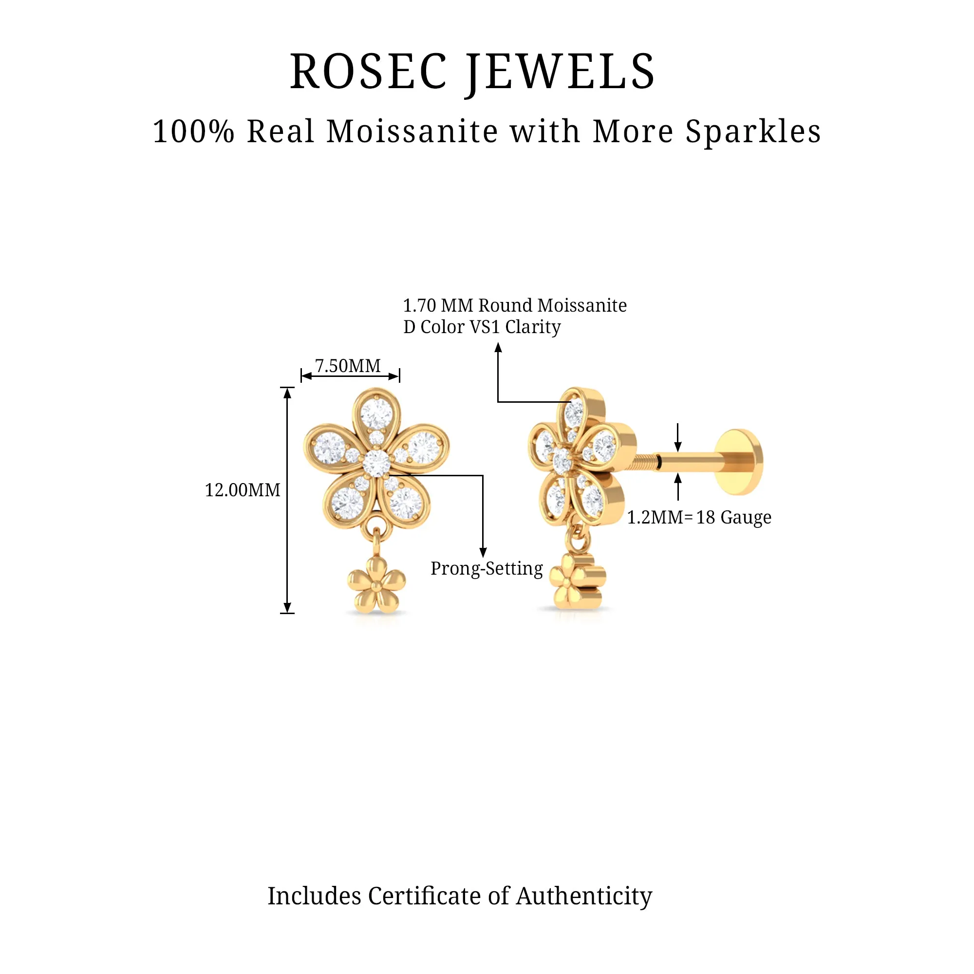 Moissanite Flower Drop Earring for Helix Piercing