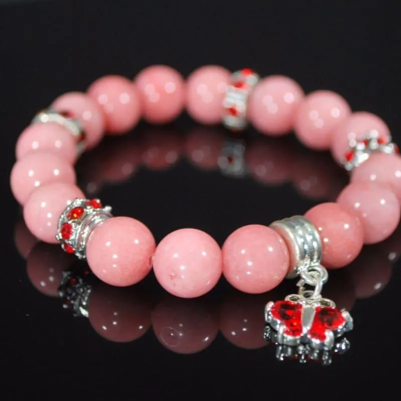 Morganite Pink Gemstone With Red Charm Beaded Women's Bracelets