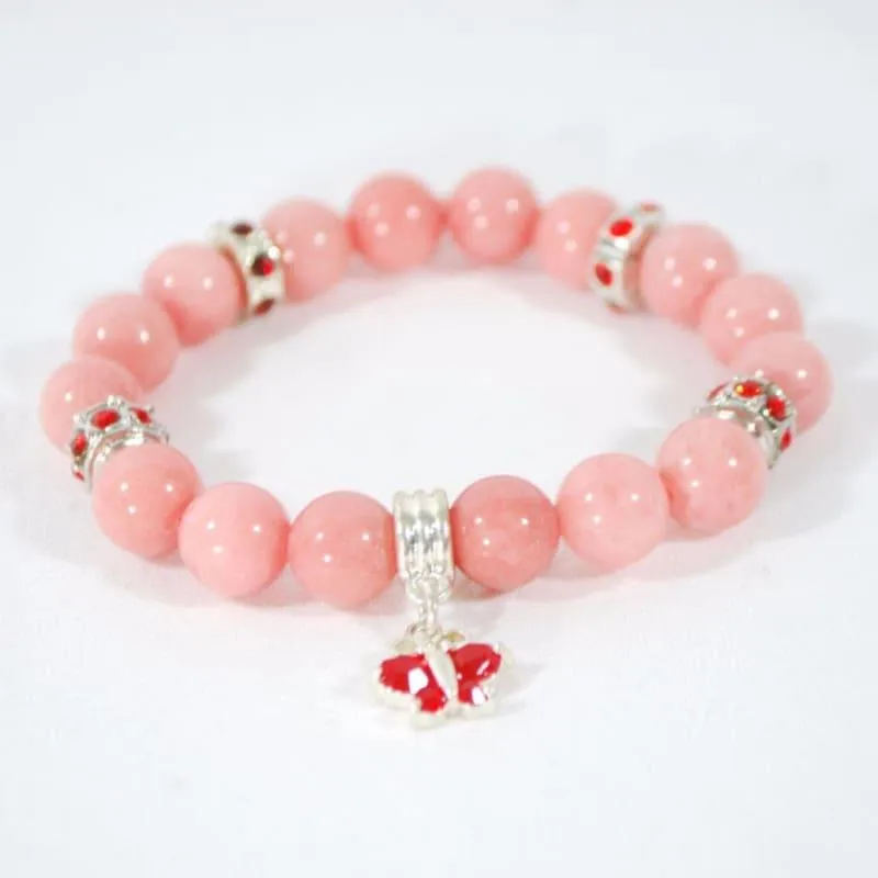 Morganite Pink Gemstone With Red Charm Beaded Women's Bracelets