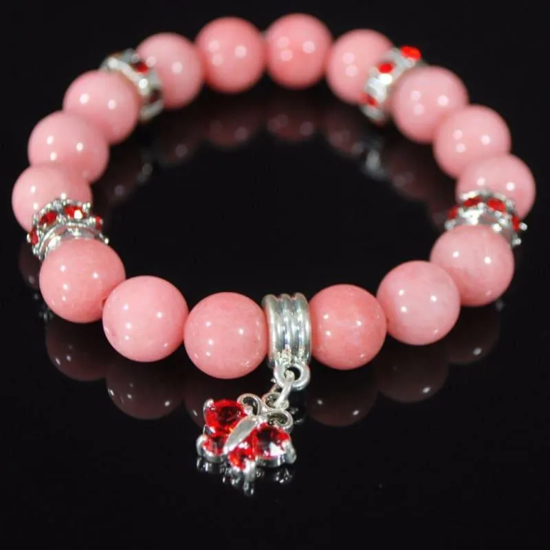 Morganite Pink Gemstone With Red Charm Beaded Women's Bracelets