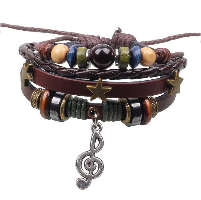 Music Charm Handmade Genuine Leather Adjustable Bracelet Wristband Jewelry Unisex