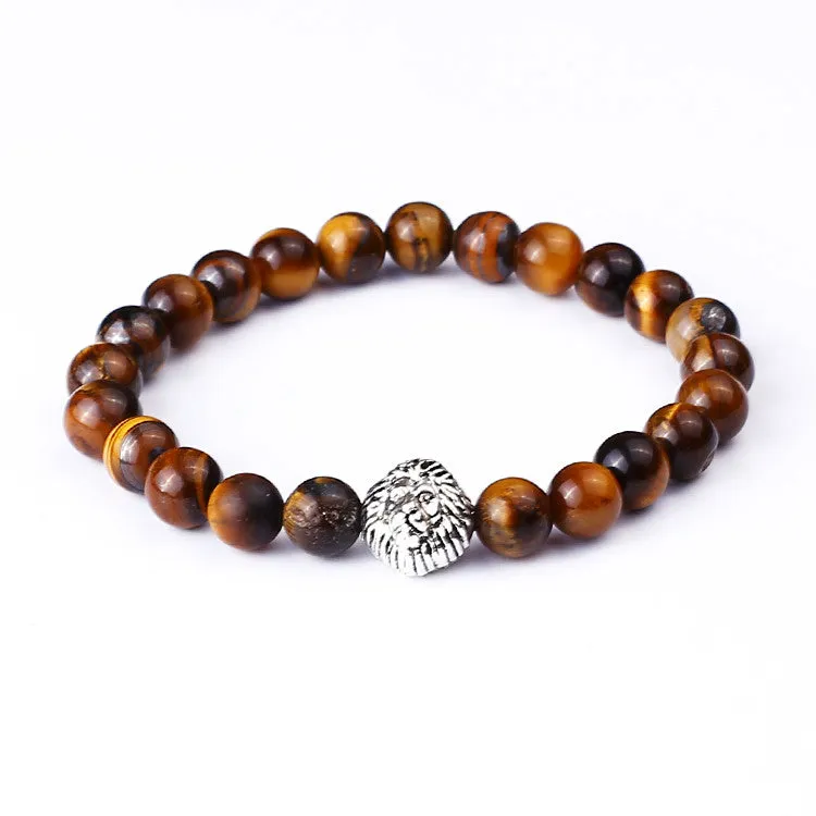 New Design Silver Lion Head Bracelets Lava Stone And Tiger Eye Men Beads Bracelets Mens Gift Men Jewelry