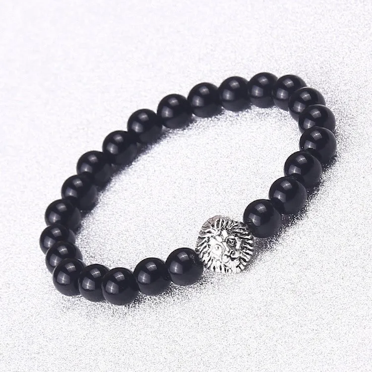 New Design Silver Lion Head Bracelets Lava Stone And Tiger Eye Men Beads Bracelets Mens Gift Men Jewelry