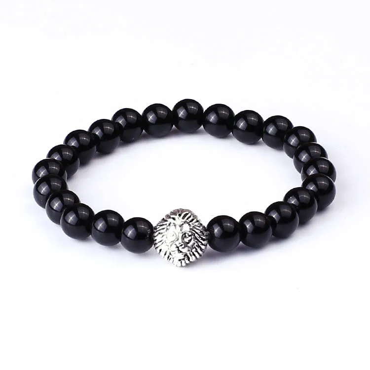 New Design Silver Lion Head Bracelets Lava Stone And Tiger Eye Men Beads Bracelets Mens Gift Men Jewelry