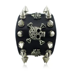 New Unique Rock Spikes Rivet Gothic Skeleton Skull Punk Biker Wide Cuff Leather Bracelet