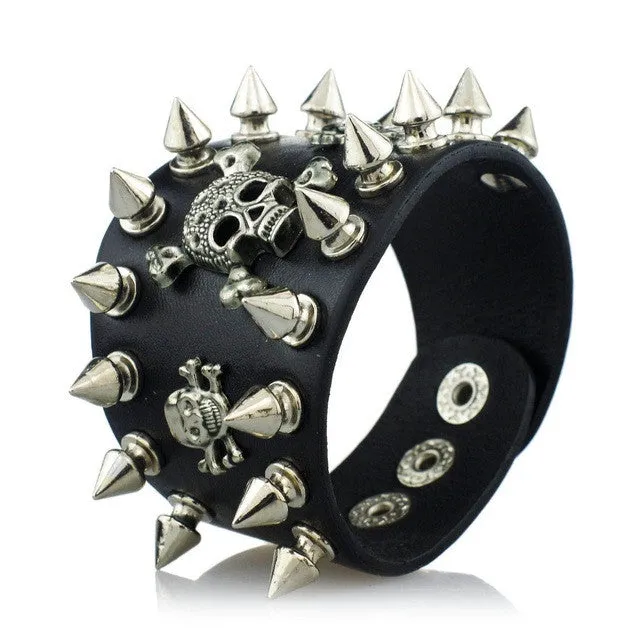 New Unique Rock Spikes Rivet Gothic Skeleton Skull Punk Biker Wide Cuff Leather Bracelet