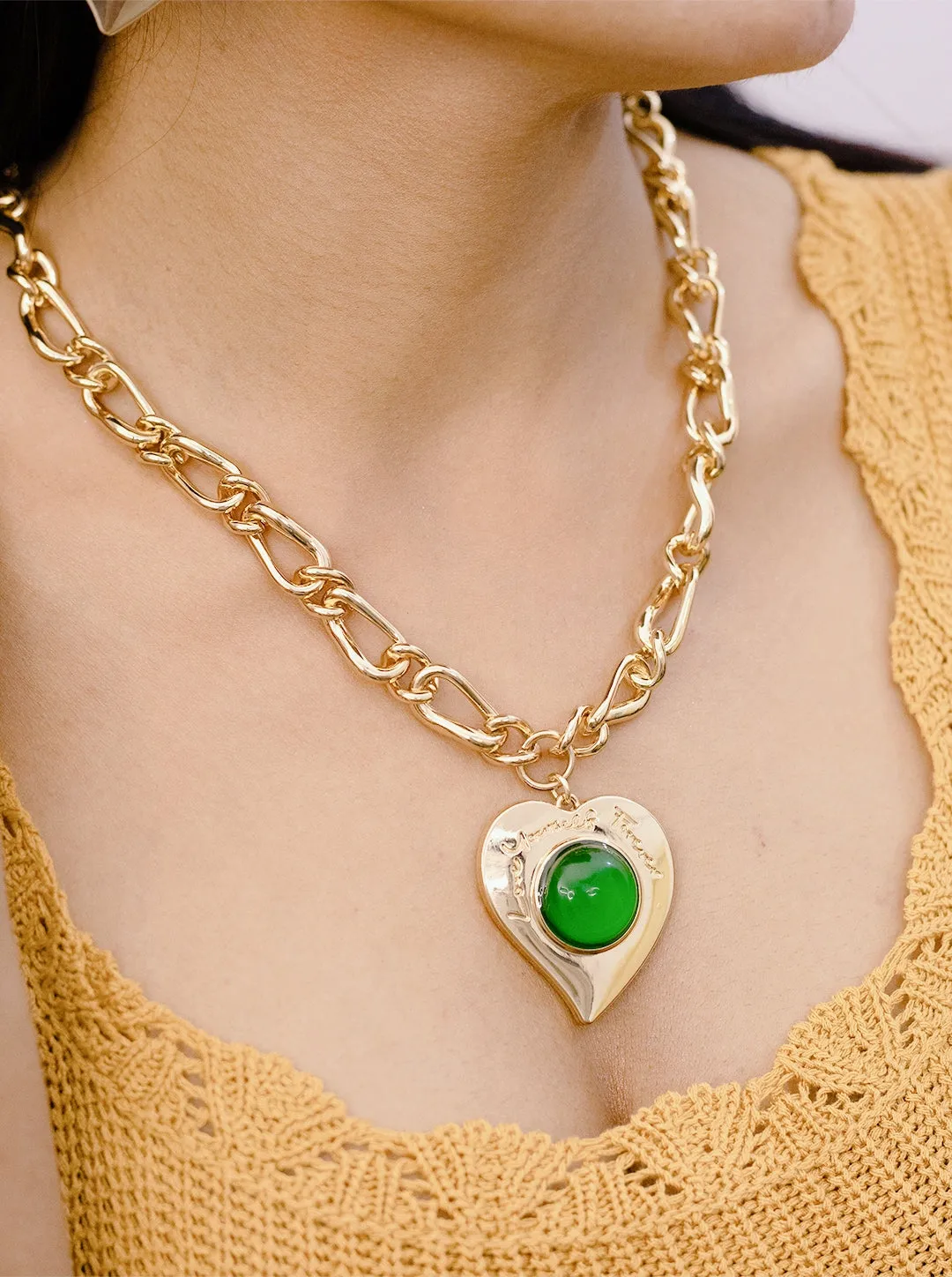 Ornaio 18K Gold Plated Chunky Green Heart Shaped Pendant with Earrings & Necklace