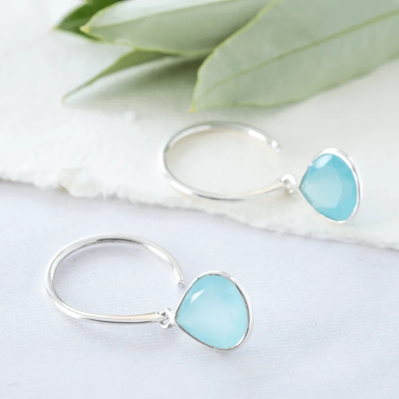 Pear Stone Hoop Earrings Aqua